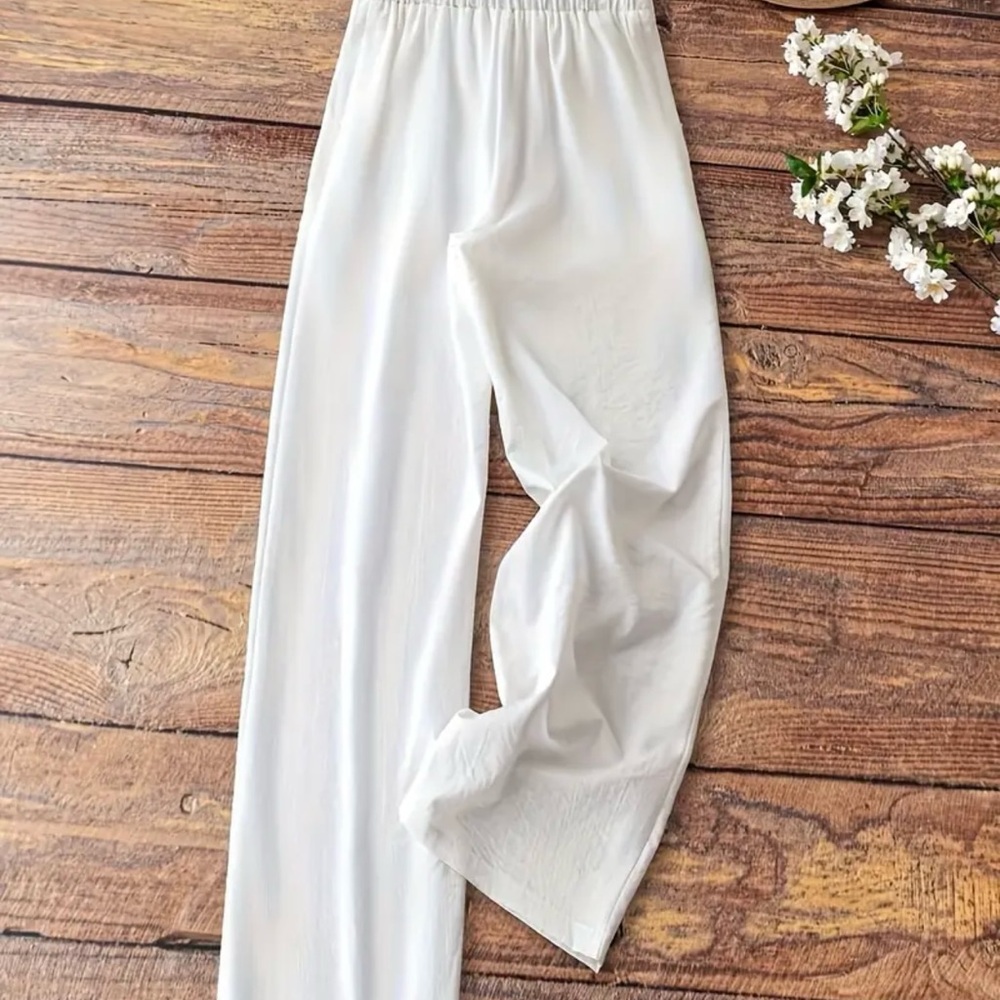 Elegant White Wide Leg Drawstring Pants - Picture 2 of 5